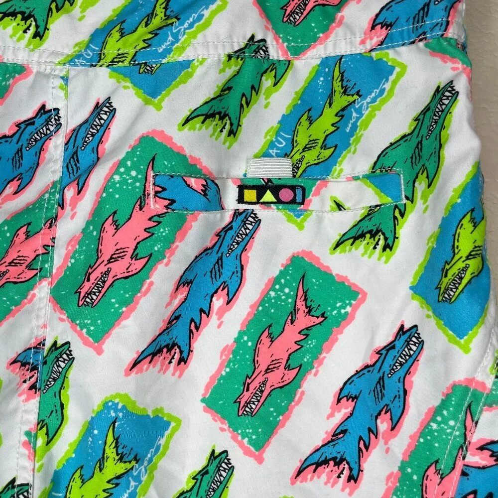Maui and Sons Vintage 80s Neon Shark Board Shorts Size 32